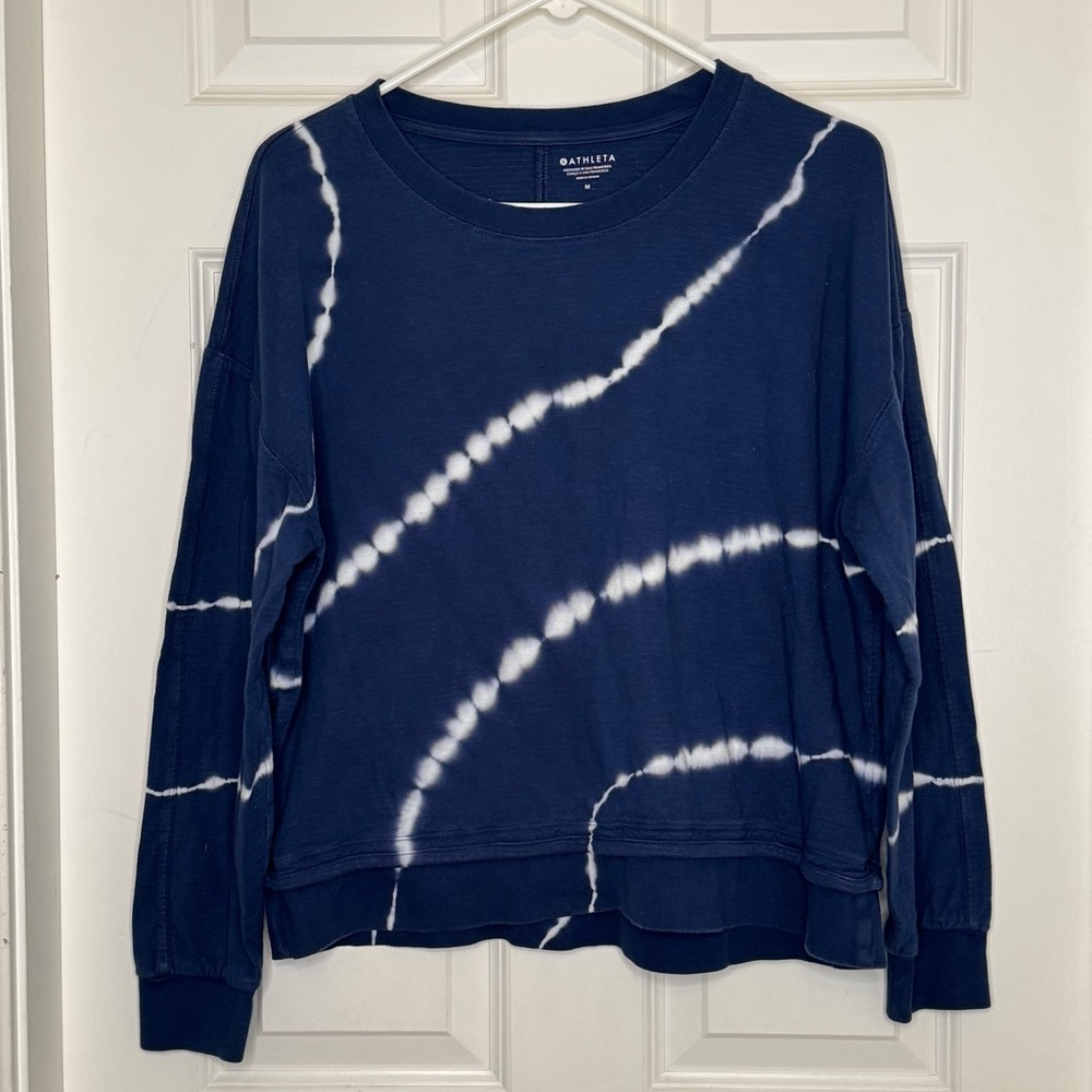 Athleta Sundown Sweatshirt Navy Tie Dye Crew Neck Athletic Size Medium Cotton